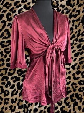 BCBGMaxAzria Silk Tie-Front Blouse in Wine
